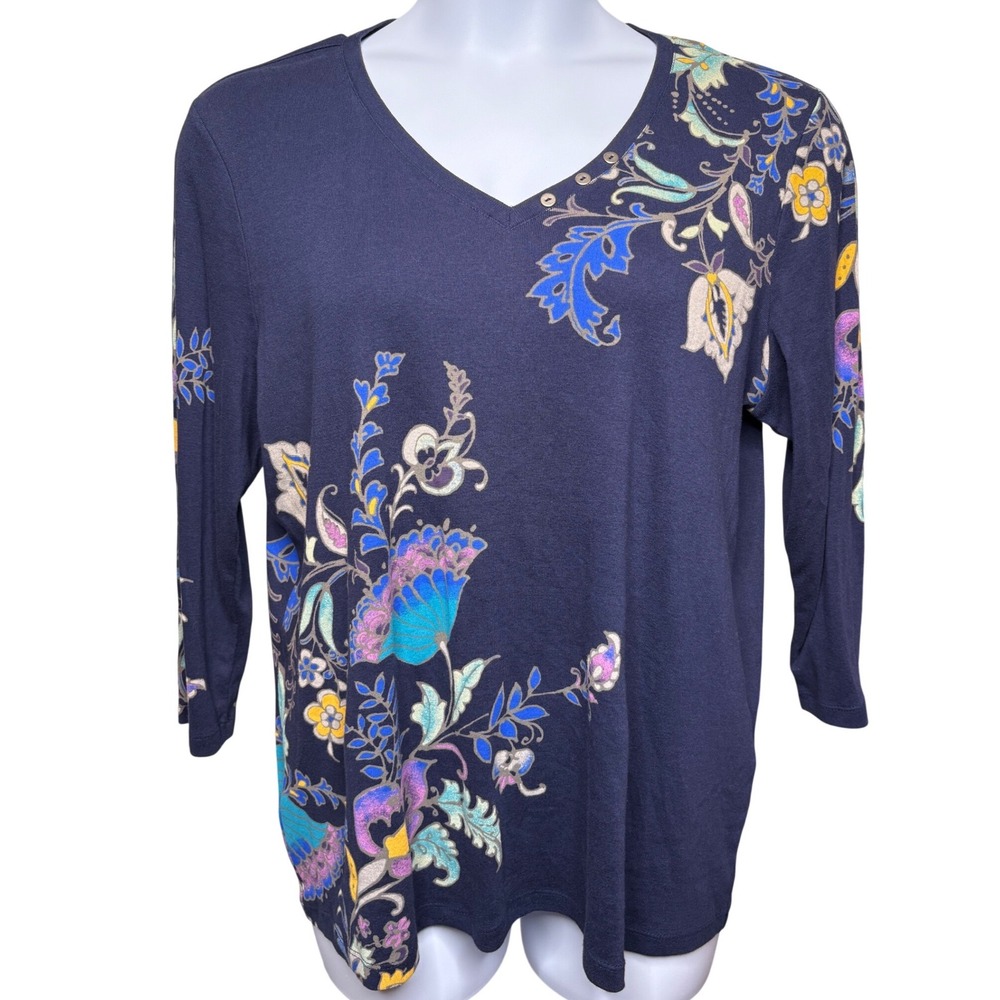 CHICO'S Womens Navy Blue Floral V-Neck Top Sz 3/XL Boho Artsy Casual Feminine